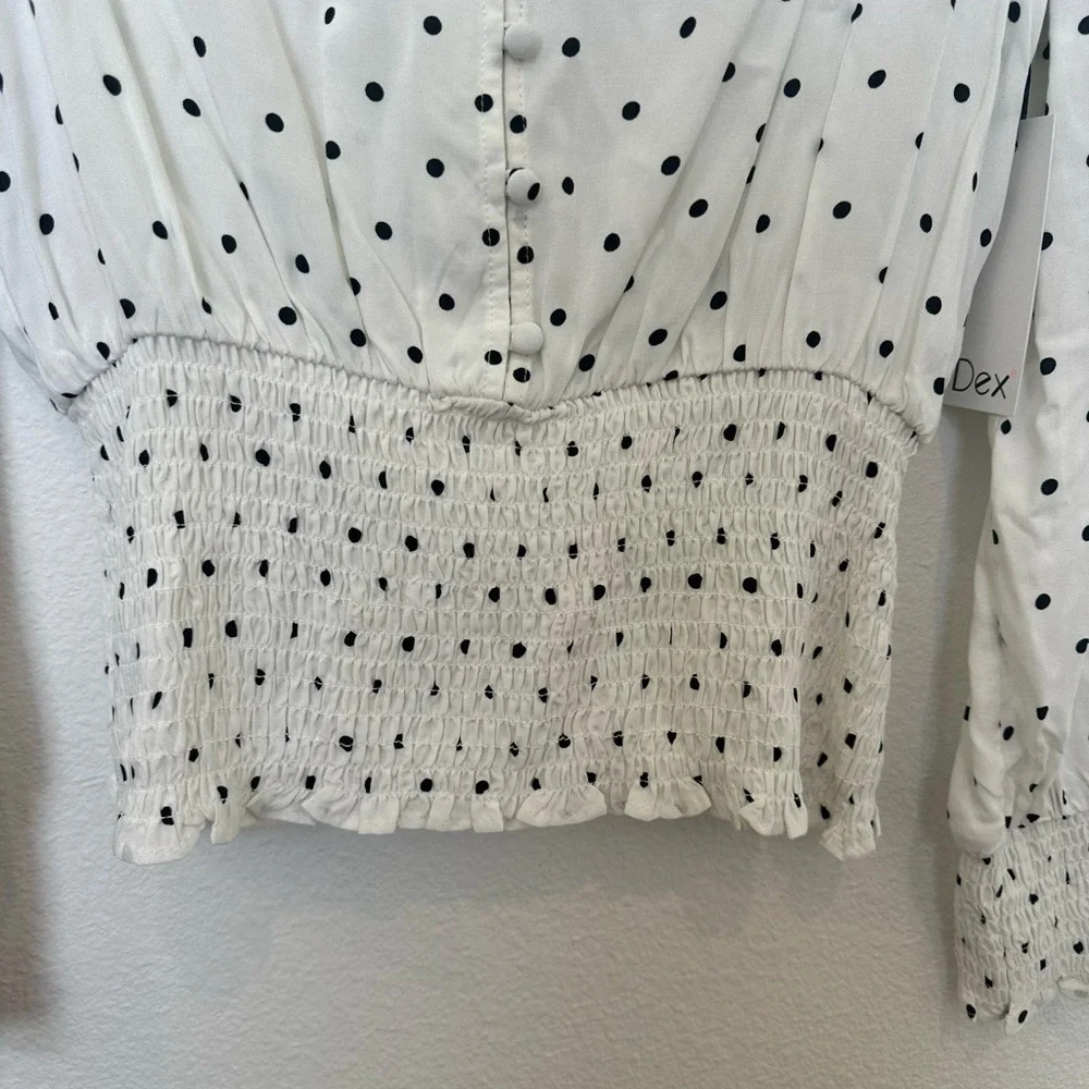 NWT Dex Polka‎ Dot Smocked Blouse Black and White Small - Picture 4 of 10